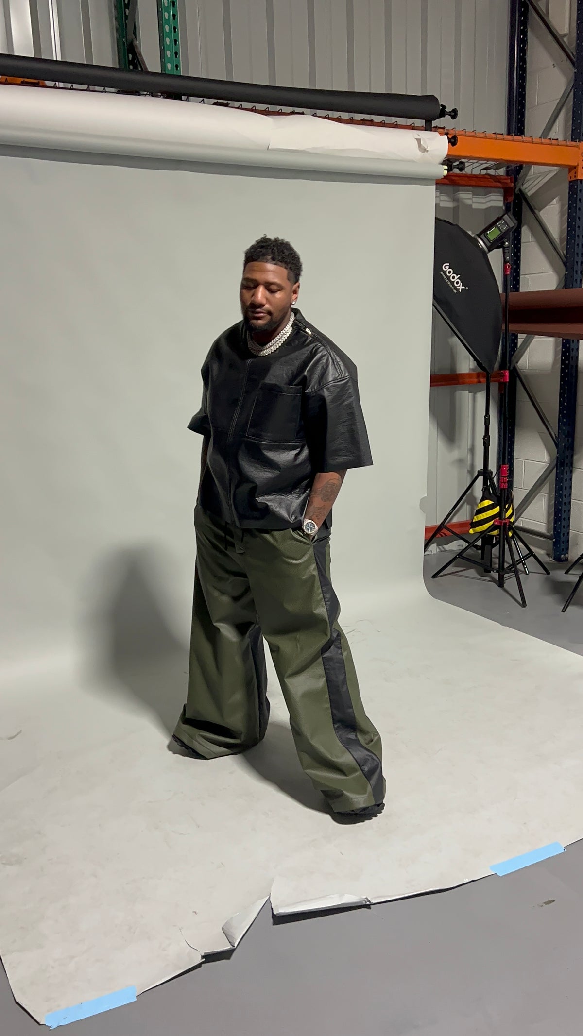 Green And Black Leather Flared Pants